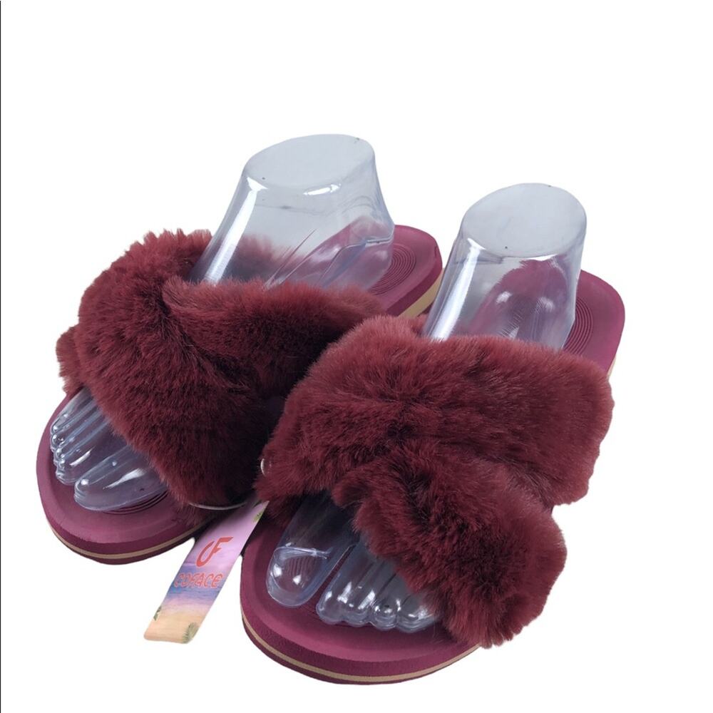 Coface burgundy faux fur open toe slippers 8 (39)